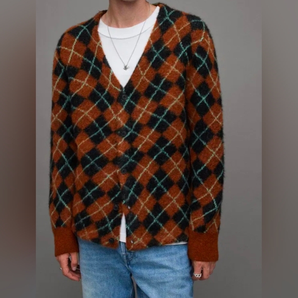 All Saints Other - ALLSAINTS Fitzroy Warped Argyle Jacquard Men's Cardigan Sweater Size XL